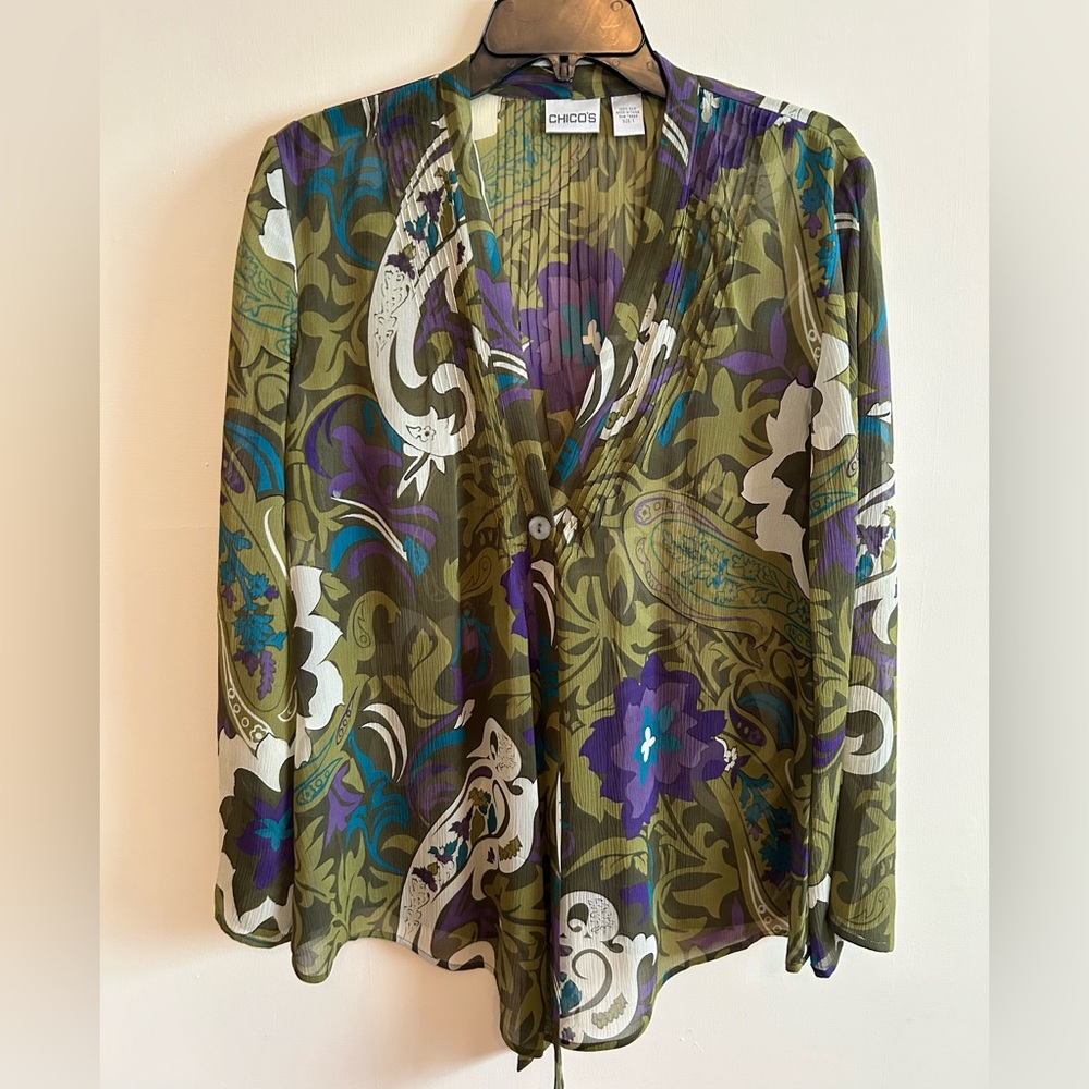 Chico's Green and Purple Patterned Blouse